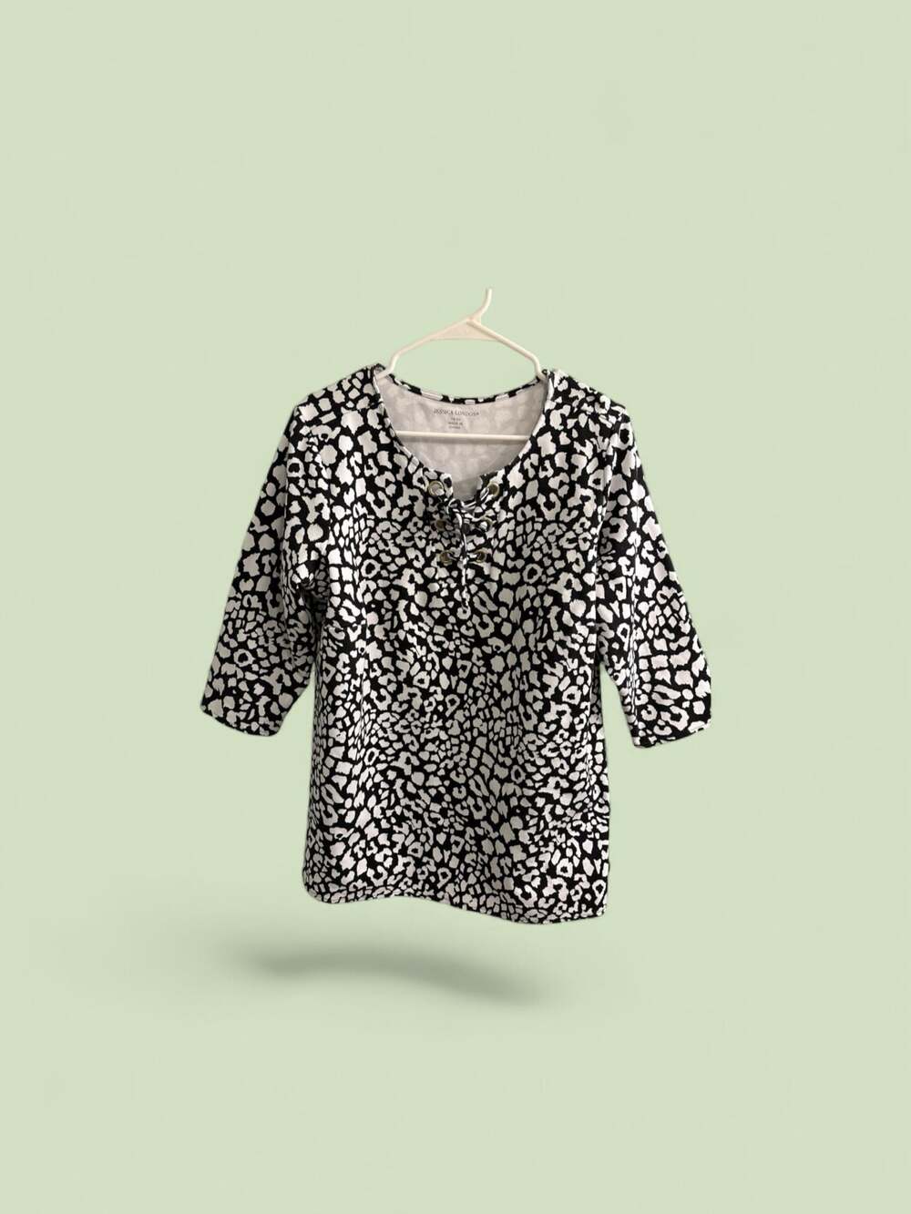 Jessica London Black and White Animal Print Lace-Up 3/4 Sleeve Top